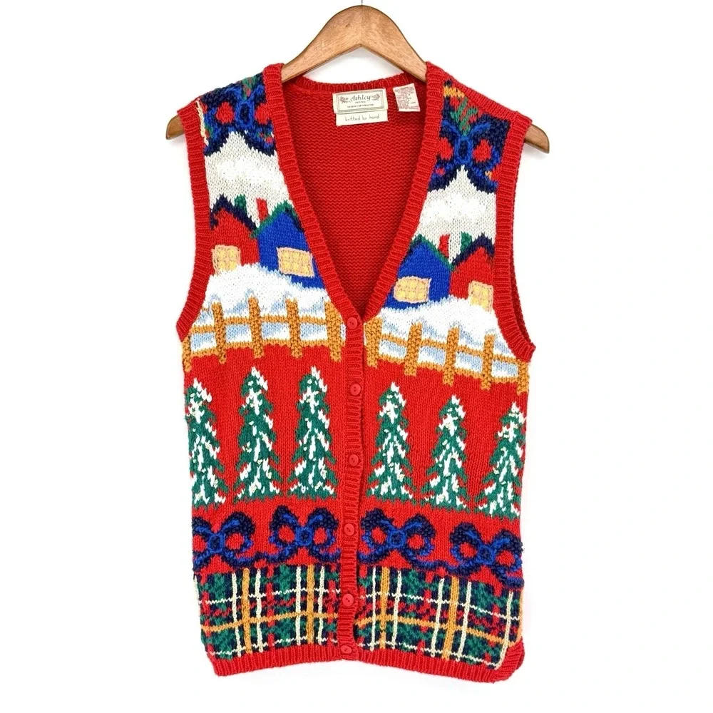 Vtg Ashley Petites Medium Hand Knit Christmas Sweater Cardigan V-Neck Button Red